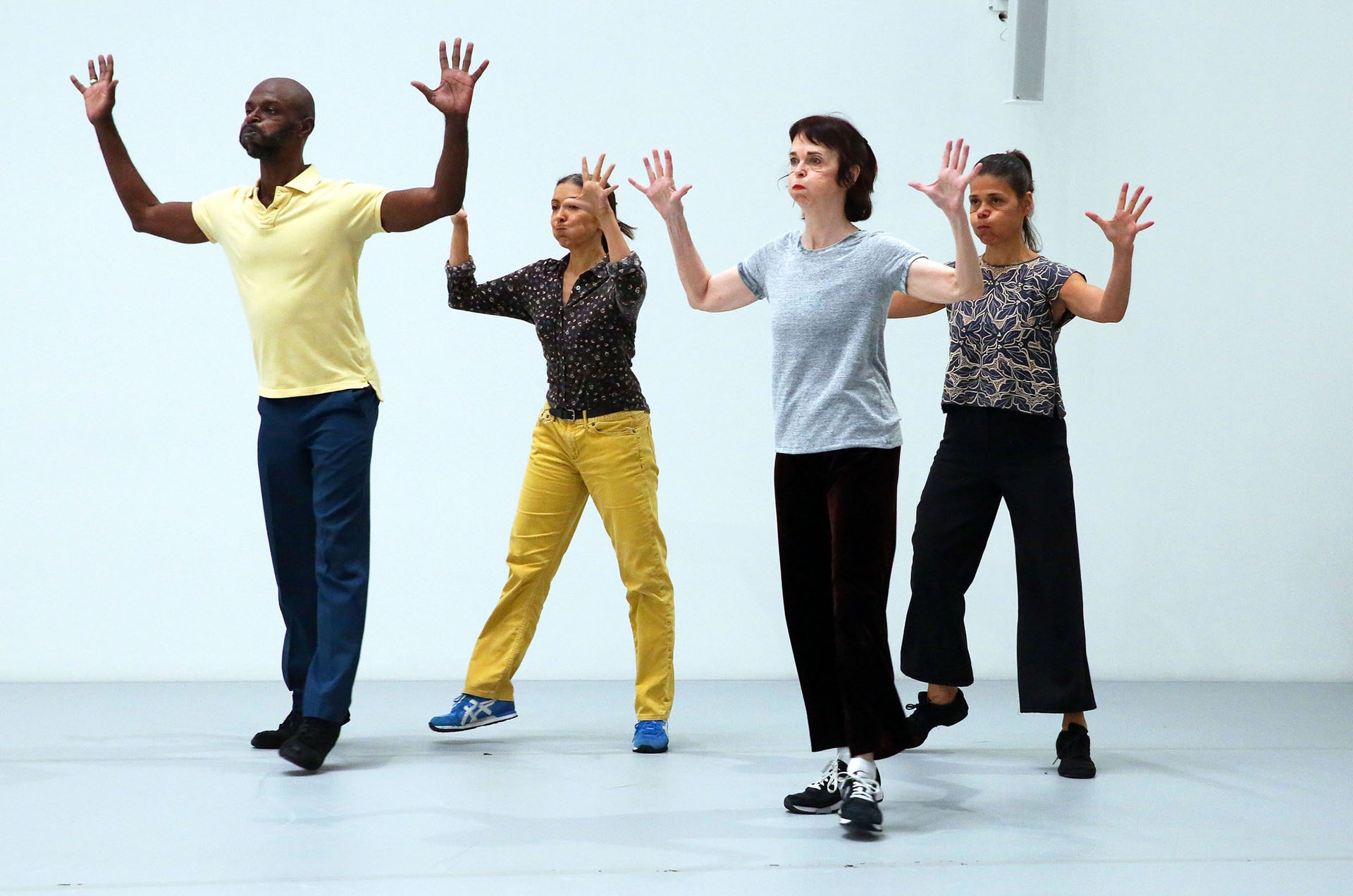 From left, David Thomson, Emanuele Phuon, Pat Catterson and Patricia Hoffbauer in Yvonne Rainer’s “Diagonal (From Terrain).” Photo Credit: Andrea Mohin/The New York Times